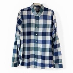Express Fitted Plaid Button Down Dress Shirt Men XL Blue Teal Check
